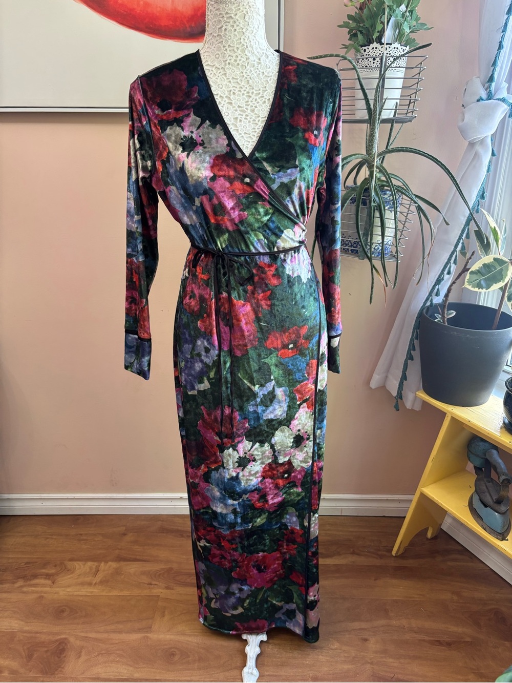 Zara Velvet Floral Wrap Maxi Dress - Green, Red, Purple